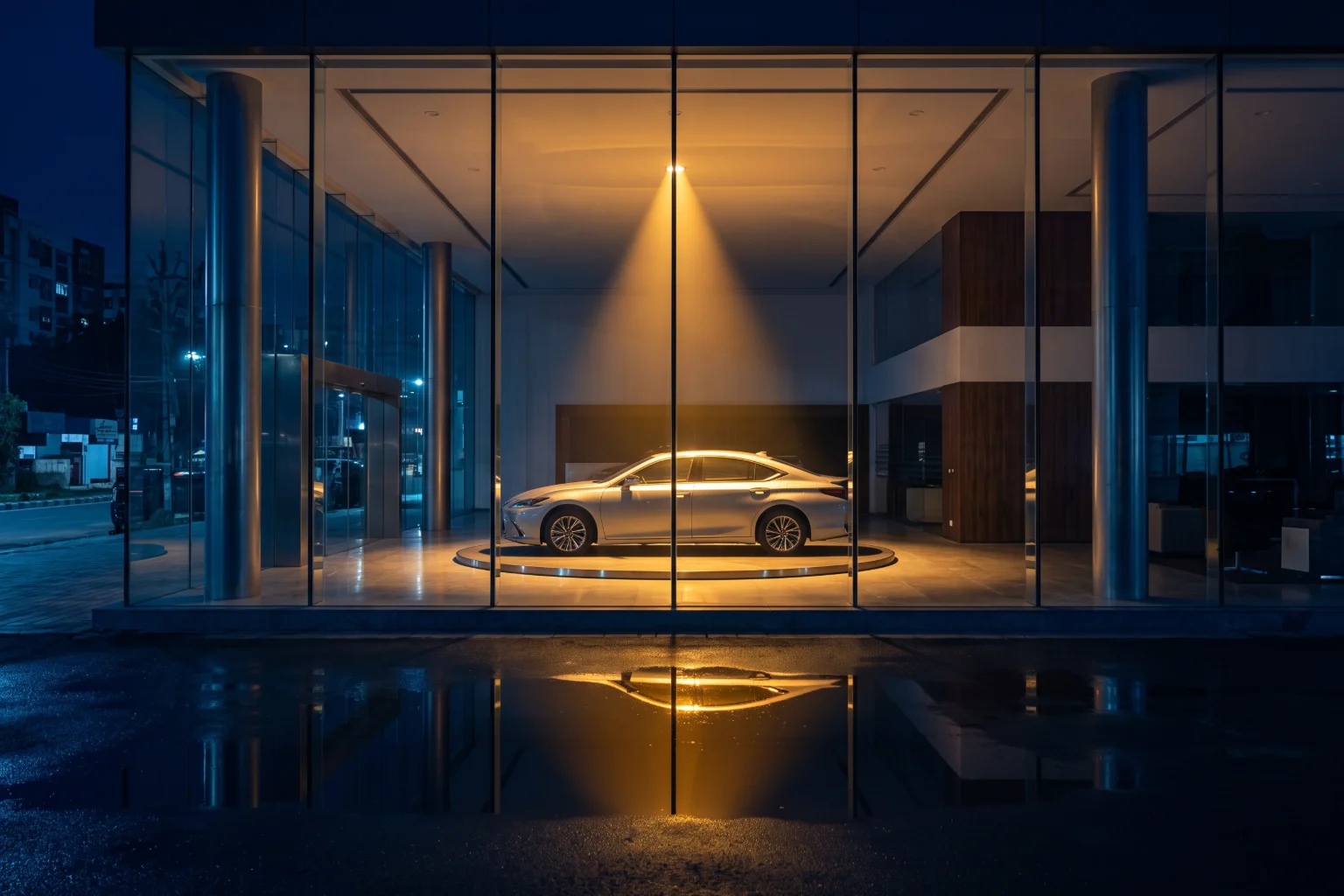 A glazed showroom at night with one car lit inside and its reflection on a wet forecourt.