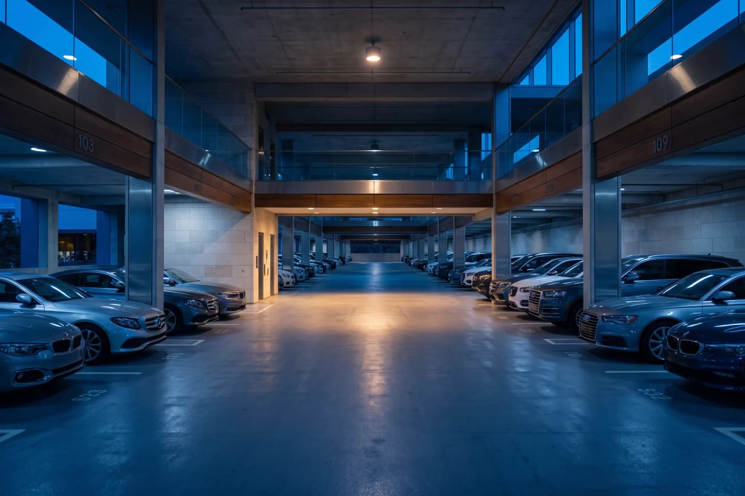 A covered rental deck at blue hour, every bay filled except one lit empty space.