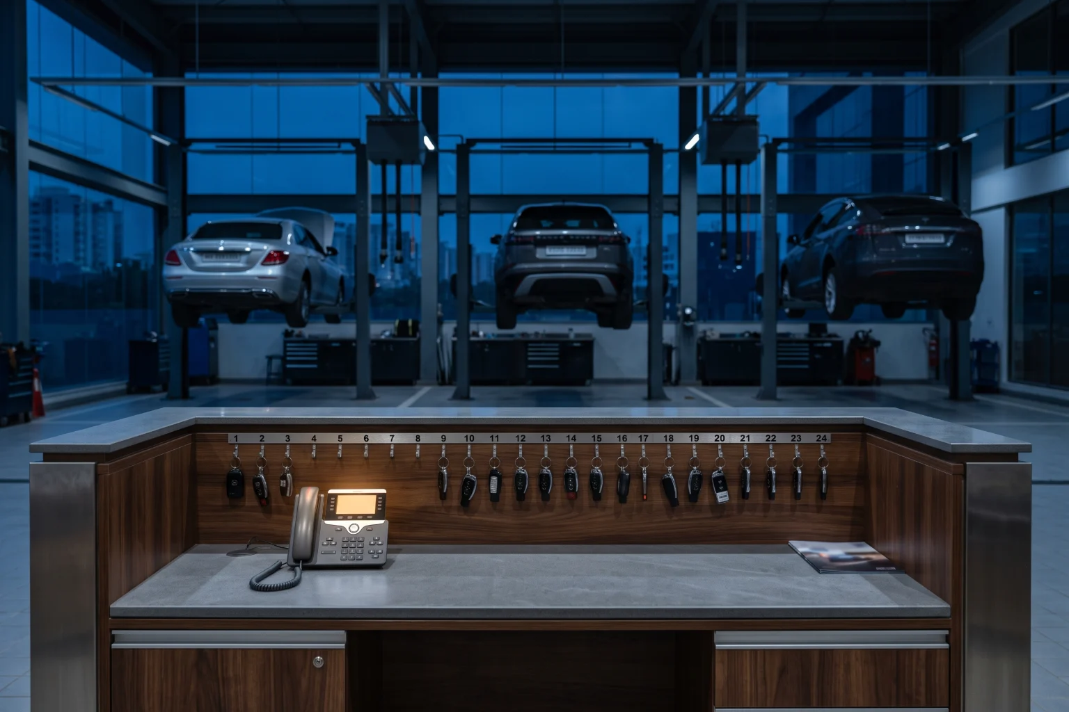 A workshop at dusk with vehicles on lifts and a lit telephone on the service counter.