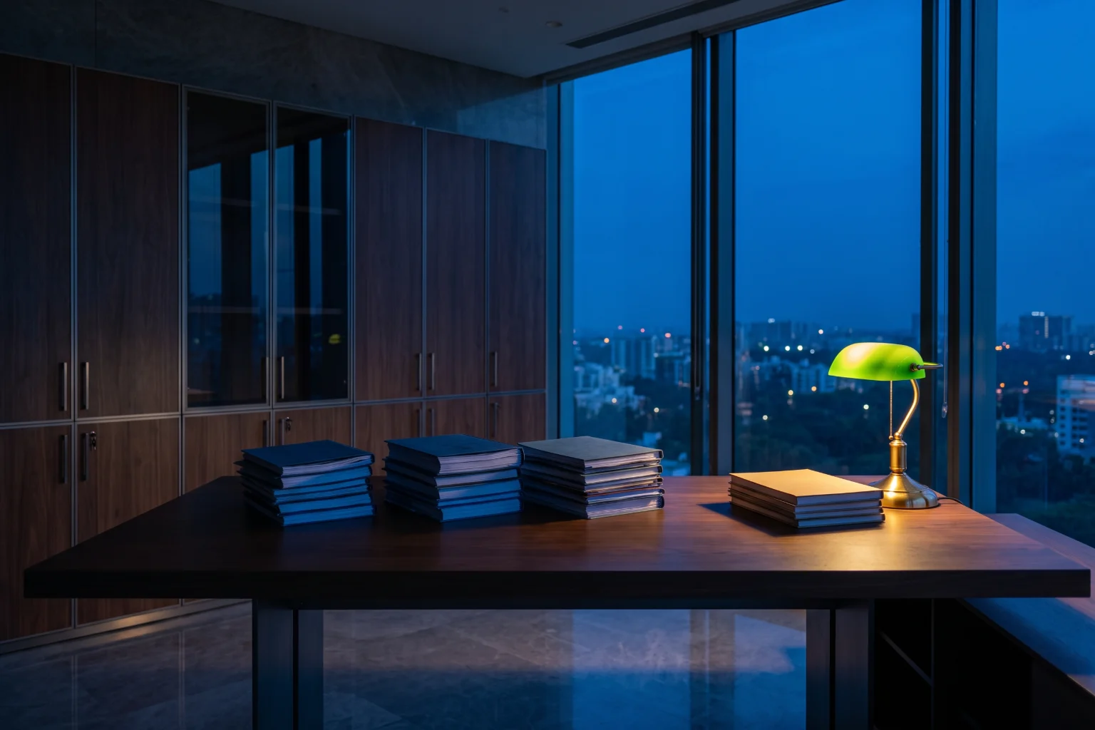 A desk at blue hour with stacks of document folios, one shorter stack lit by a lamp.