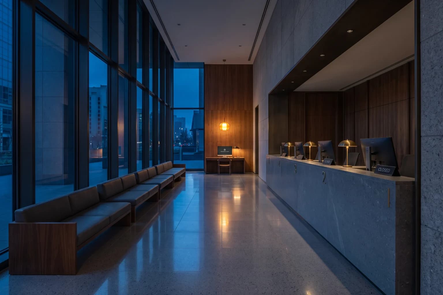 A private banking hall at blue hour with a long counter and one position still lit.