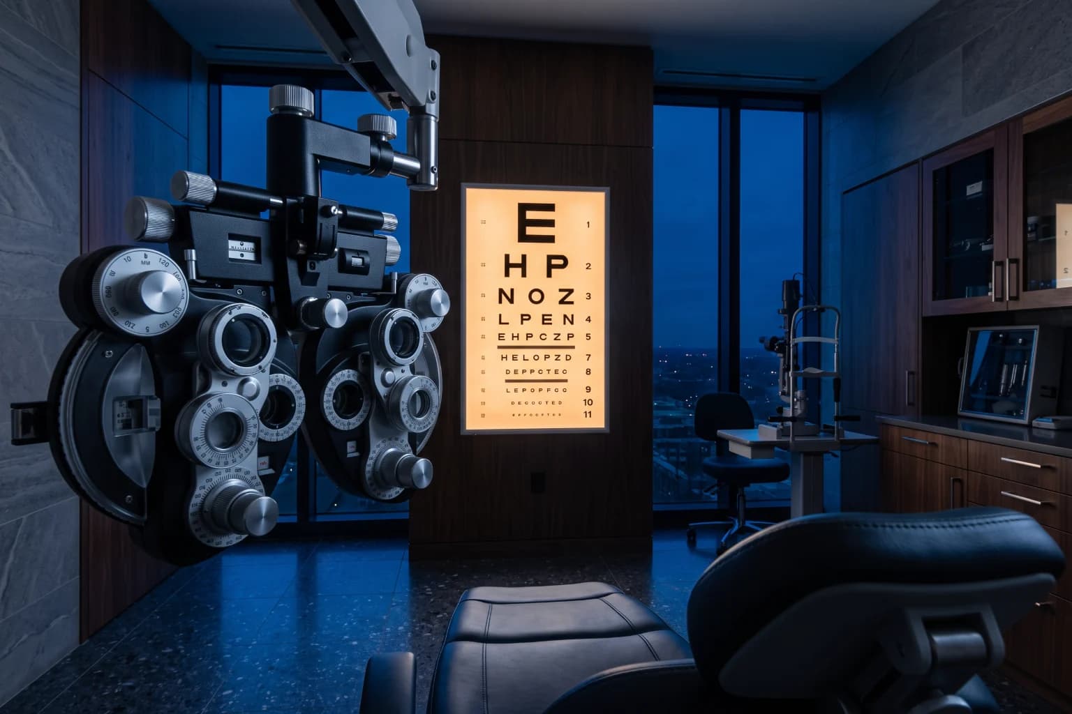 An ophthalmic examination room at dusk with a phoropter in the foreground and a lit acuity chart behind.