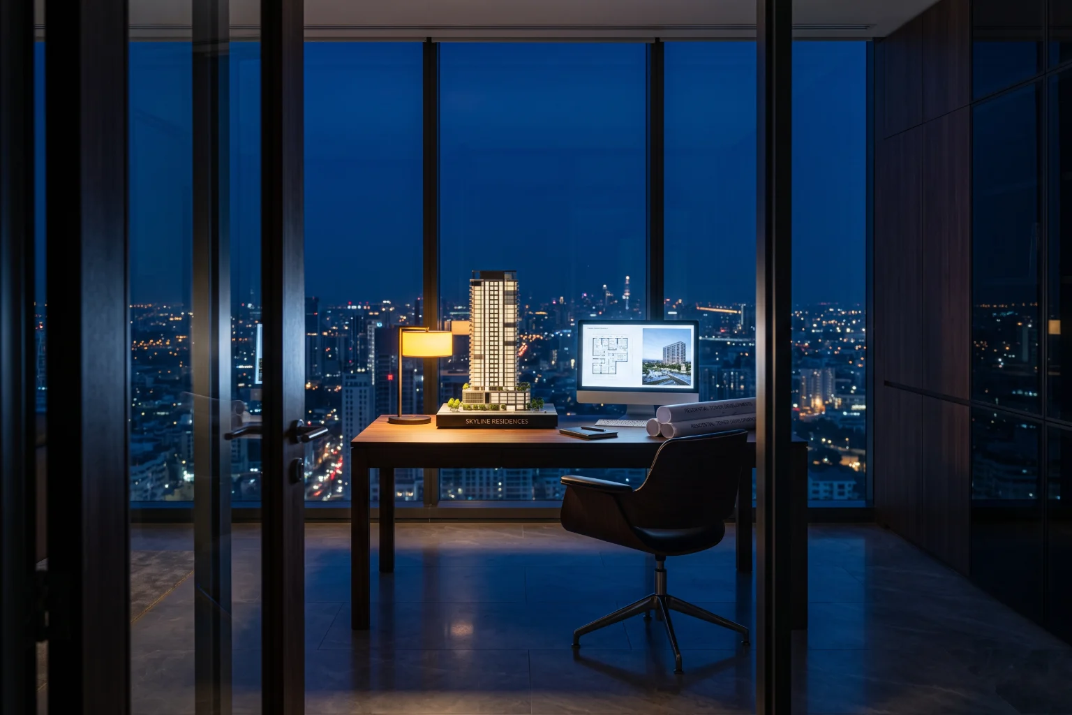 A property sales office at night, dark except for one desk lit beside a scale model of a tower.